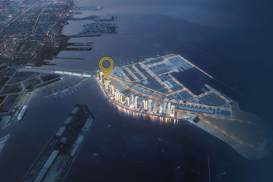 Dubai Maritime City waterfront aerial view showing Riva Residence location near Dubai Islands and La Mer