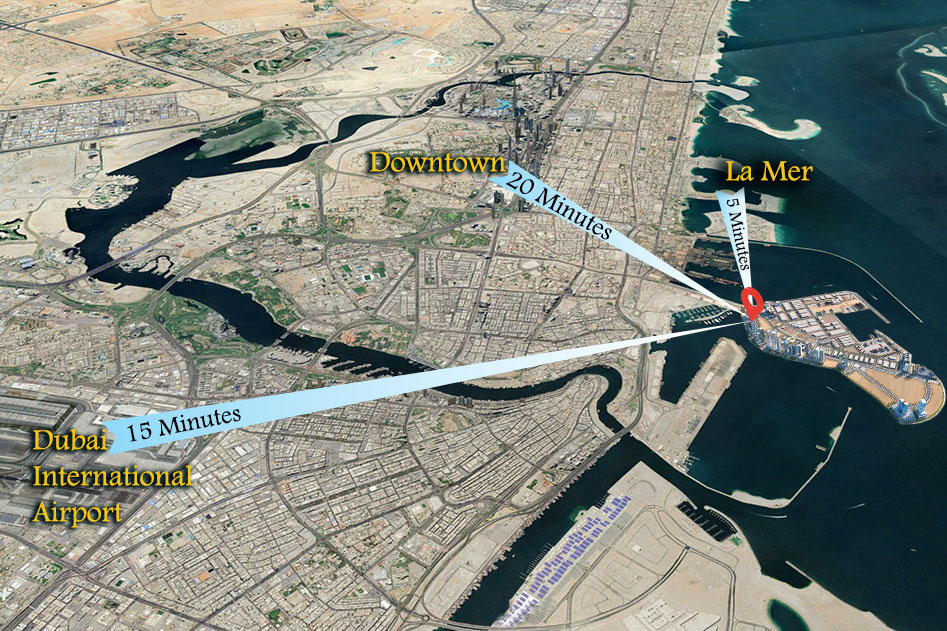 Dubai Maritime City location map showing proximity to Downtown Dubai and Dubai International Airport